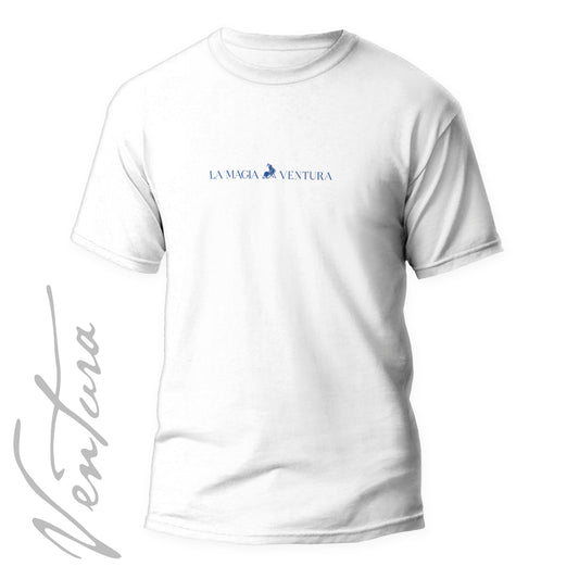 Camiseta blanca-azul “LA MAGIA ES VENTURA”