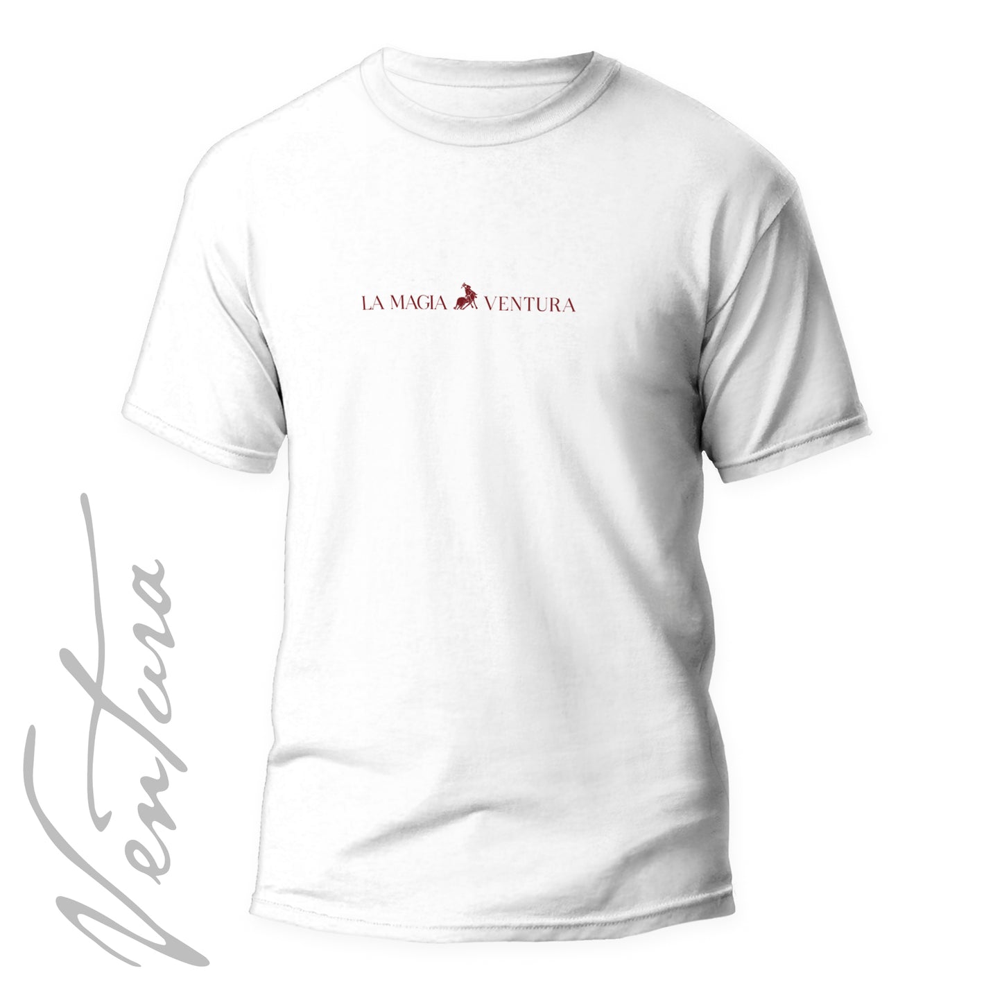 Camiseta blanca-burdeos “LA MAGIA ES VENTURA”