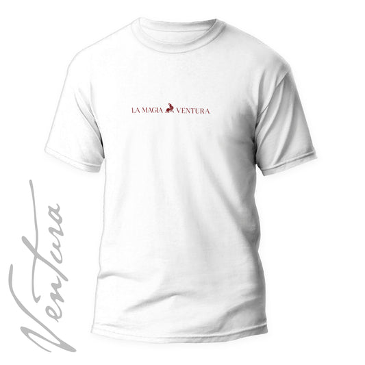 Camiseta blanca-burdeos “LA MAGIA ES VENTURA”